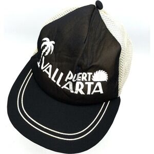 Vintage Vallarta Beach Hat Cap Trucker Snap Back‎ Black White 90s Stripe Puerto